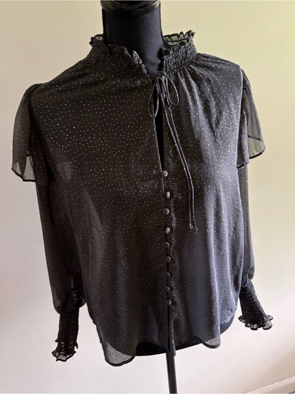 Zara Black Sheer Ruffle Tie Blouse with White Dot Accents